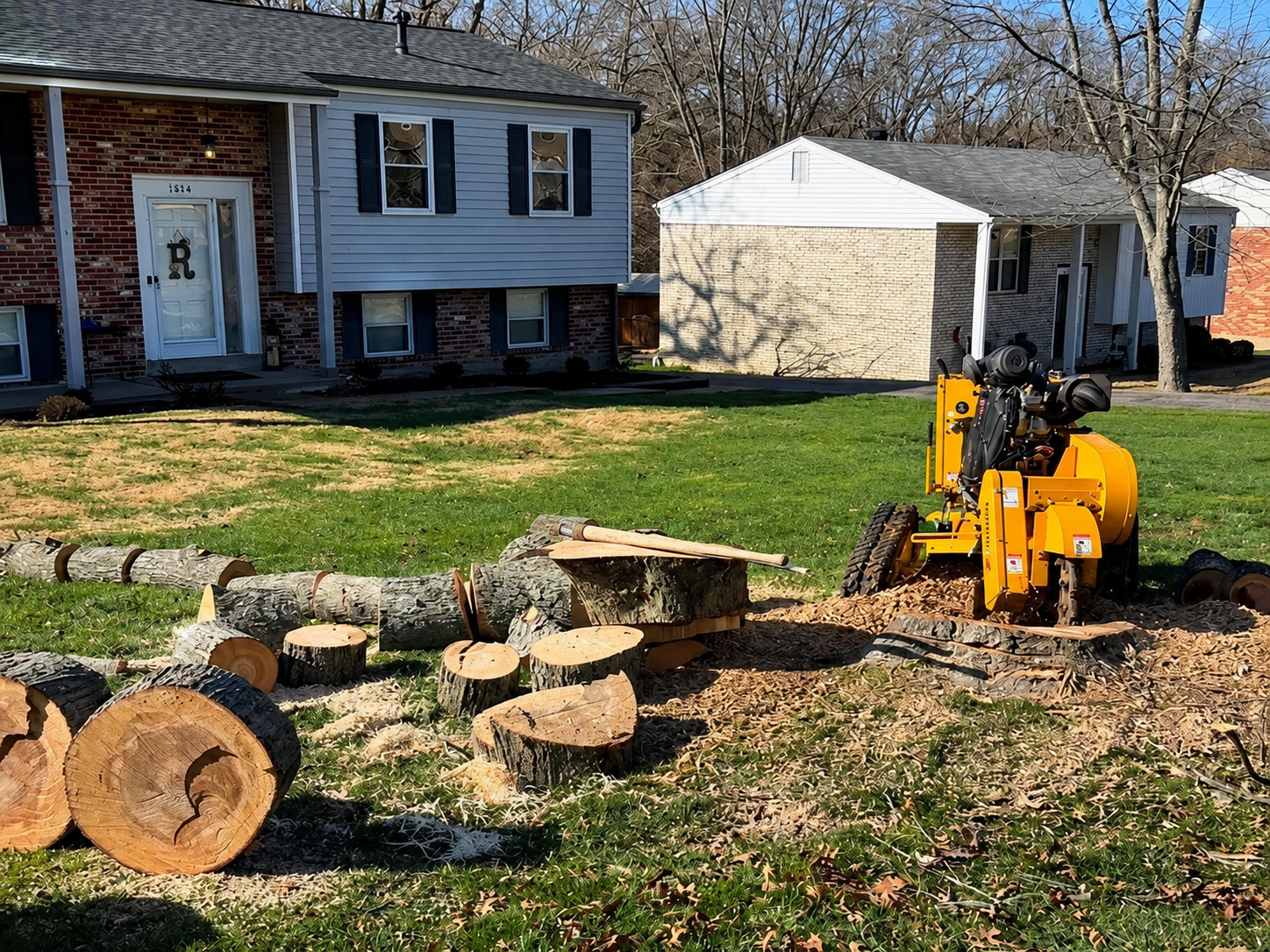 Wide stump grinding job with logs